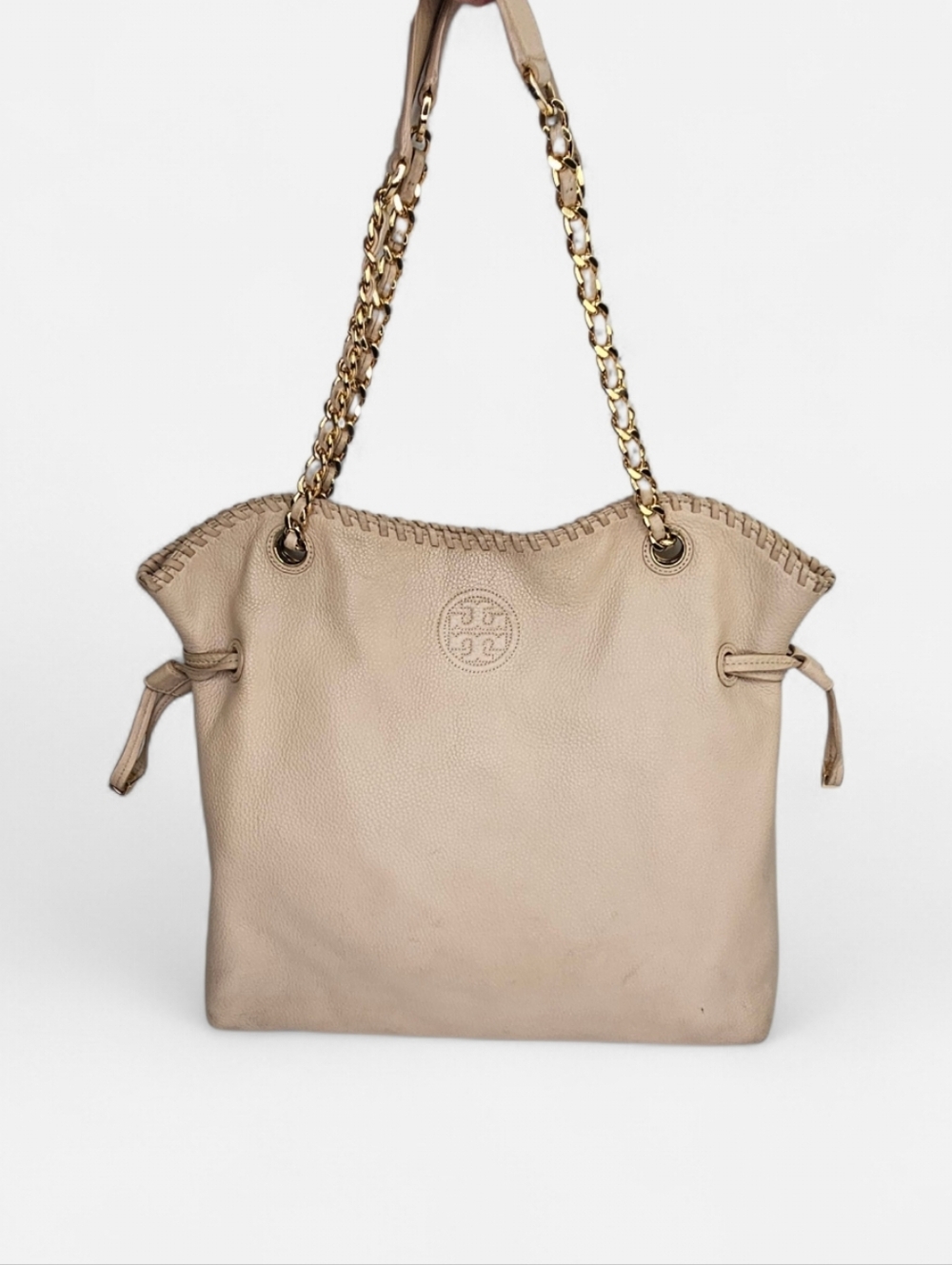 Tory Burch Natural Marion Slouch Chain Strap Tote Purse Light Pink